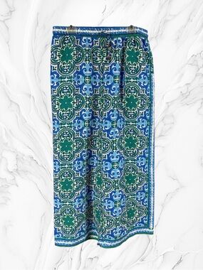 Rachel Zoe Blue & Green Printed wide leg pants size large linen blend